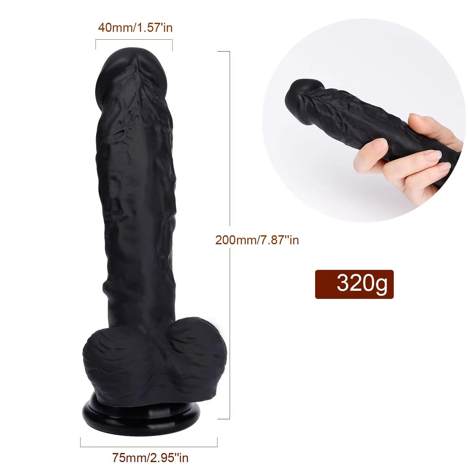 7.87 inch Lifelike Huge Silicone Dildo-Black Anal Prostate Play