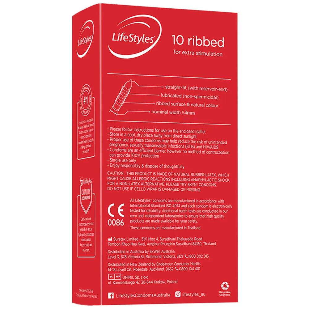 Ansell LifeStyles - Ribbed Latex Condoms - 10 Pack