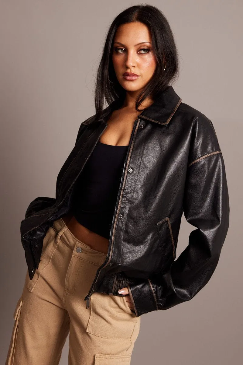 Black Faux Leather Jacket Washed