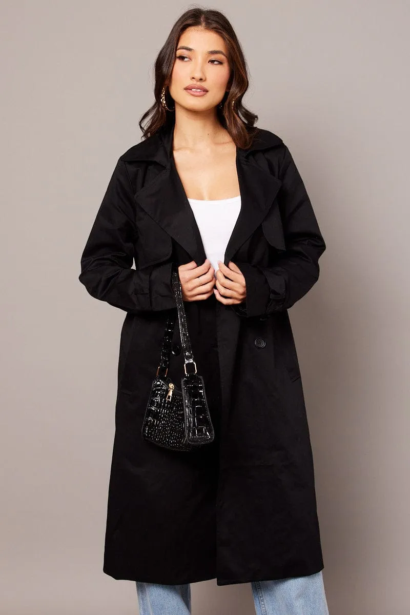 Black Trench Coat Long Sleeves Cotton