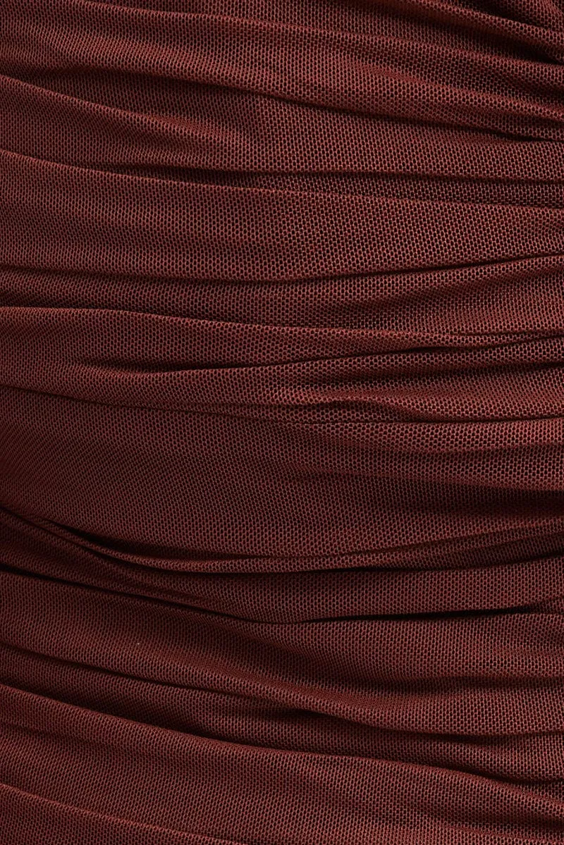 Brown Top Crop Long Sleeve Ruched Mesh