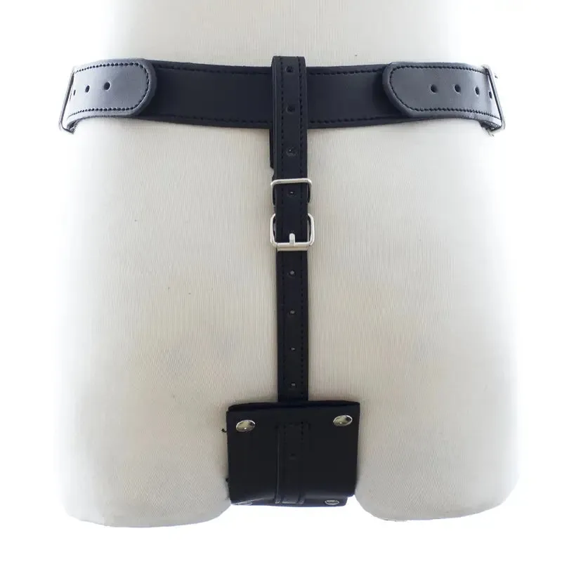 Faux Leather Chastity Pants Vibrating Anal Plug Adjustable Straps Metal Rings