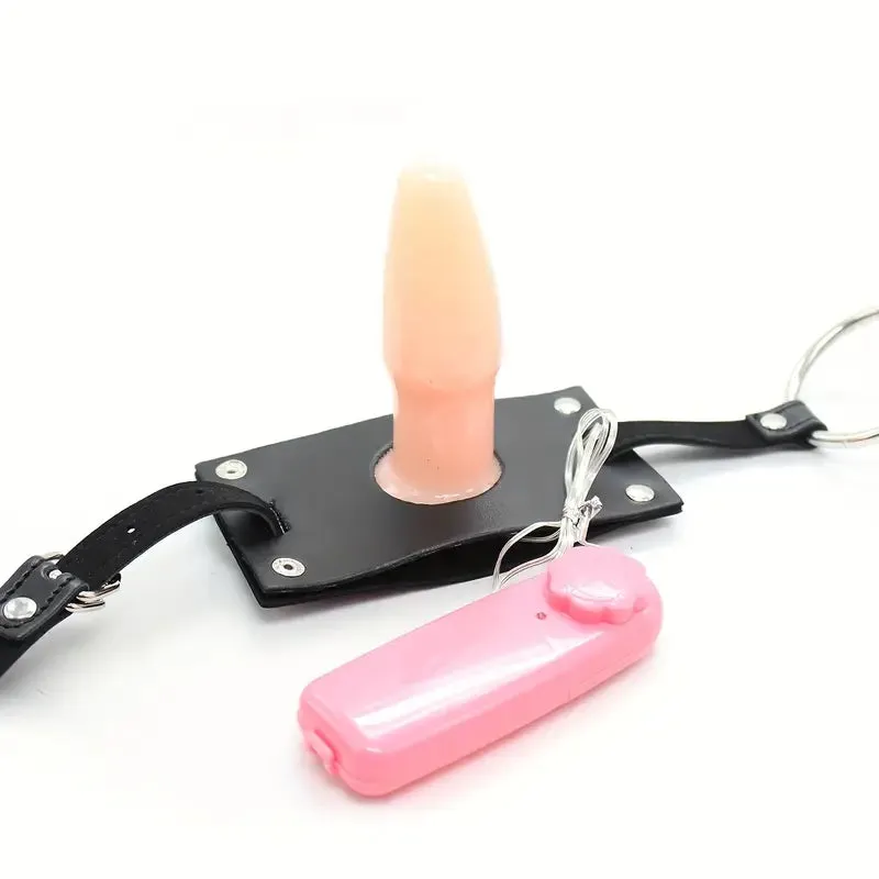 Faux Leather Chastity Pants Vibrating Anal Plug Adjustable Straps Metal Rings