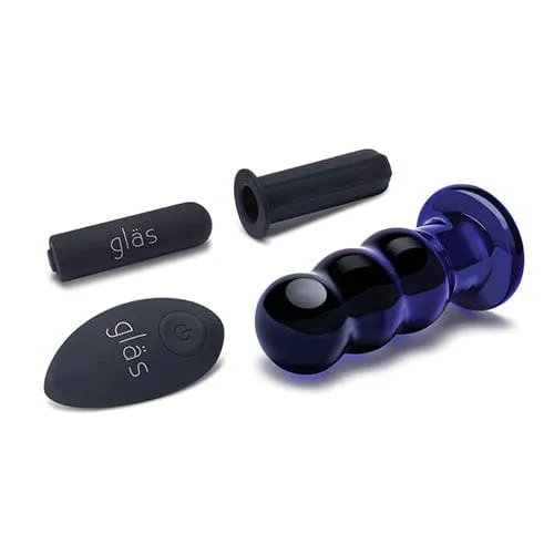 Glas - Remote Control Rechargeable Vibrating Glass Beaded Butt Plug 3.5 (Blue)