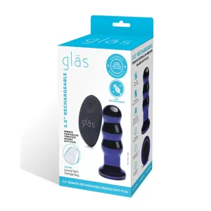 Glas - Remote Control Rechargeable Vibrating Glass Beaded Butt Plug 3.5 (Blue)