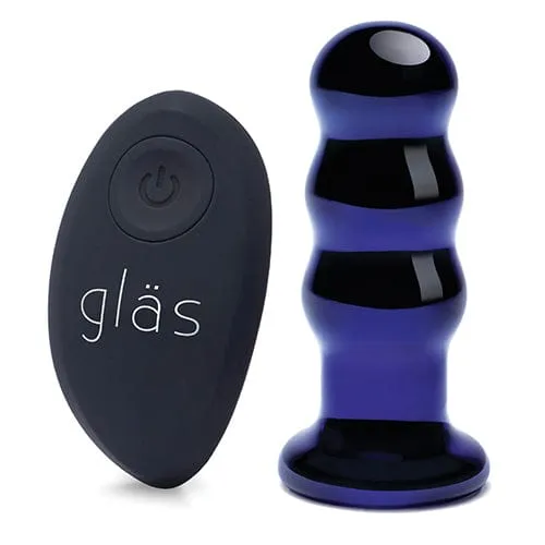 Glas - Remote Control Rechargeable Vibrating Glass Beaded Butt Plug 3.5 (Blue)
