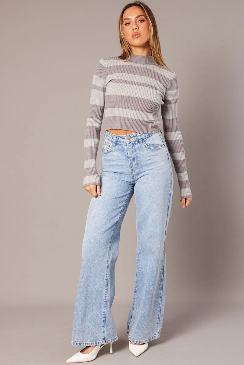 Grey Stripe Knit Top Long Sleeve High Neck