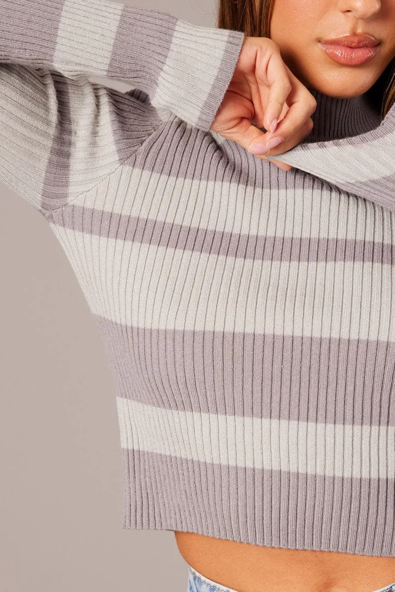 Grey Stripe Knit Top Long Sleeve High Neck